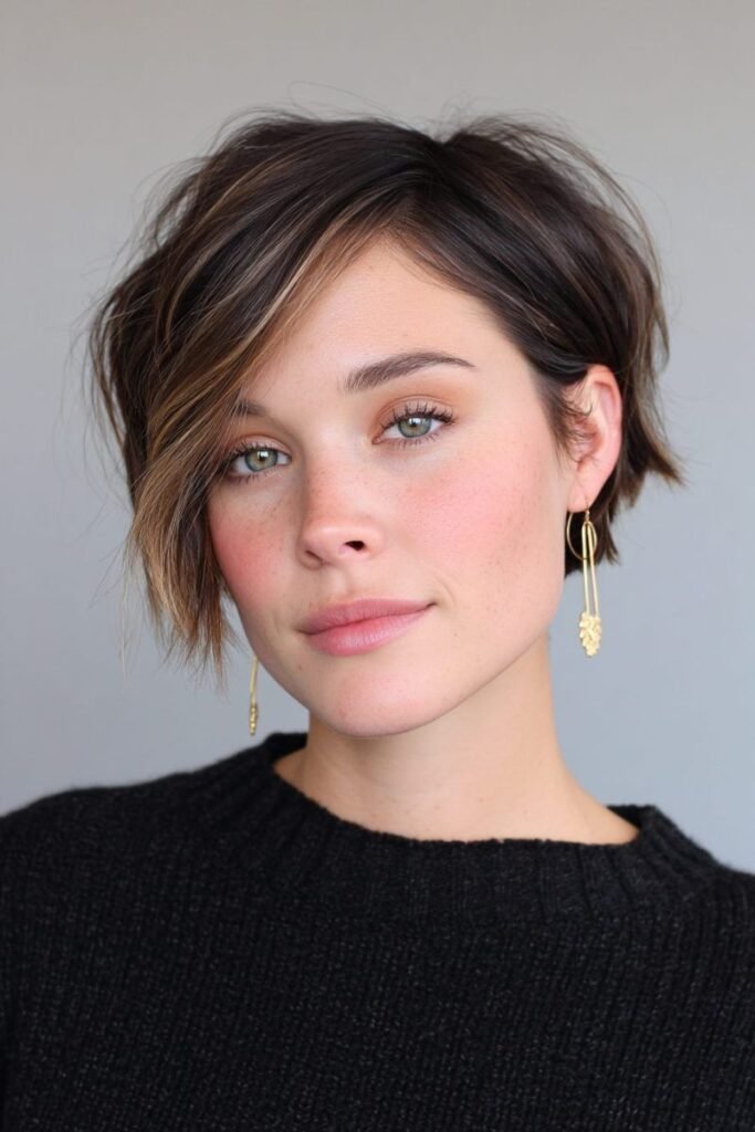 Asymmetrical Side-Swept Pixie Bob – Sleek, Modern & Face-Framing