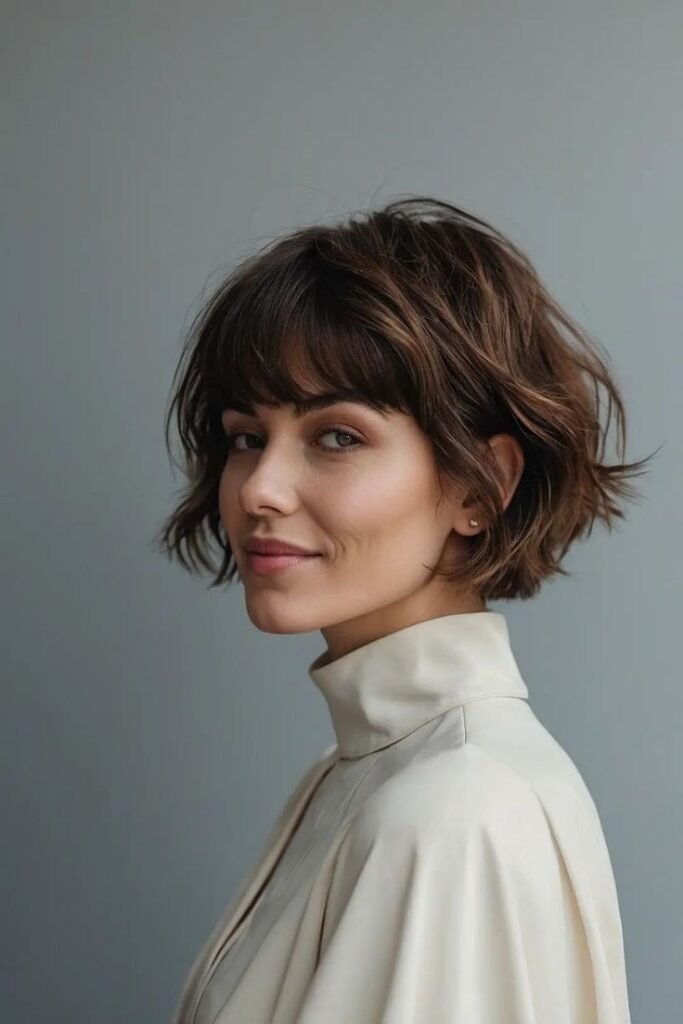 Textured Short Bob with Soft Micro Bangs