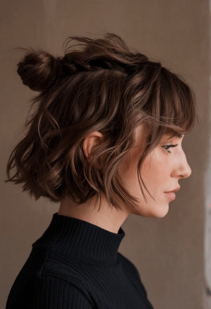 Half-Up Mini Bun on Short Waves – Playful, Textured & Effortlessly Cool