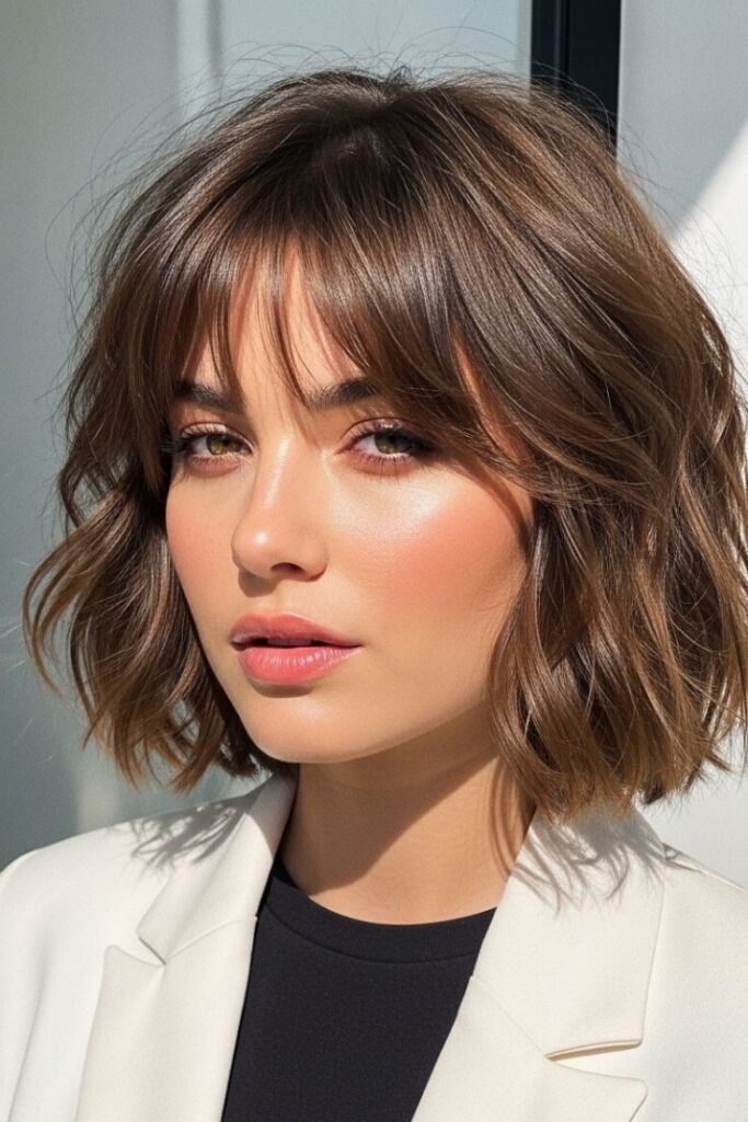 Textured Wavy Bob with Soft Fringe – Modern, Airy & Effortlessly Chic