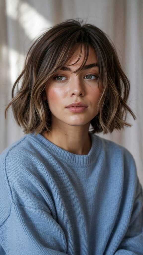 Soft Shaggy Bob with Wispy Bangs – Effortless Texture & Modern Movement