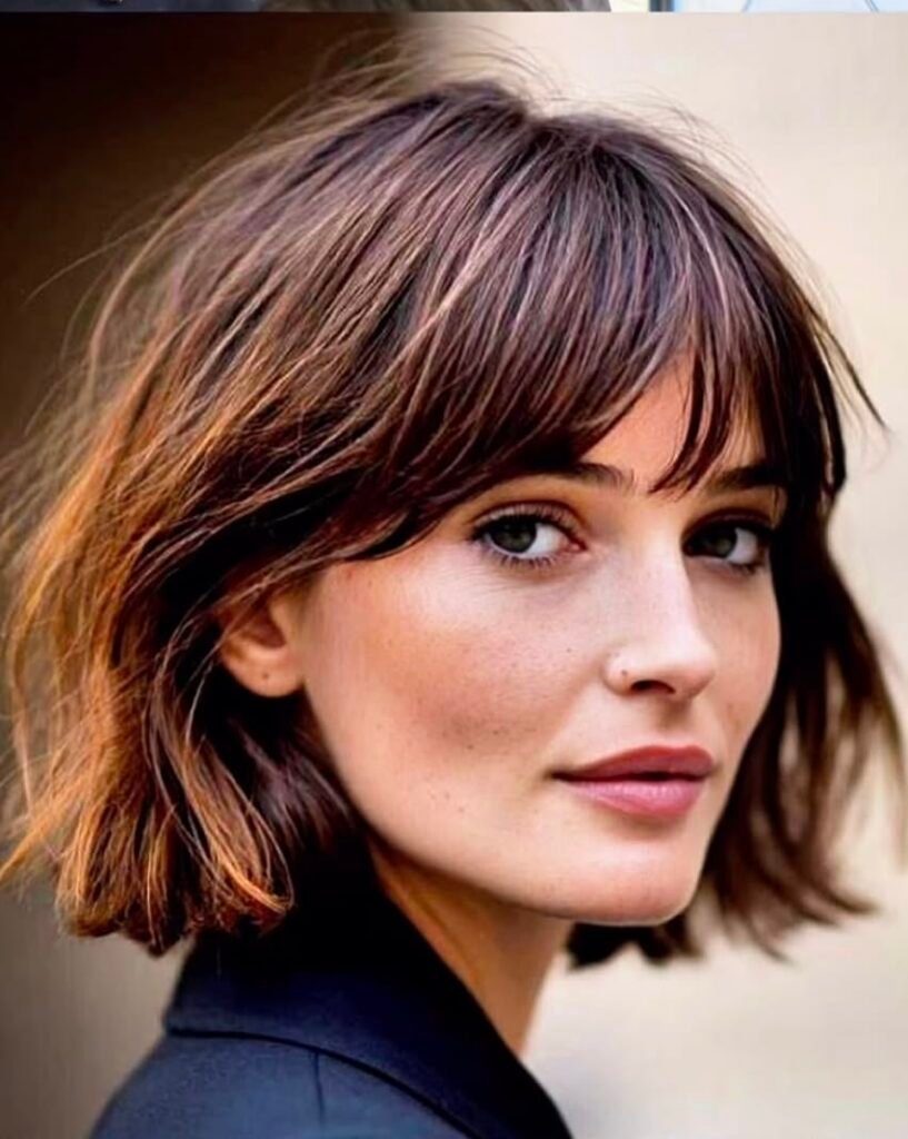 Warm-Toned Textured Bob with Soft Fringe