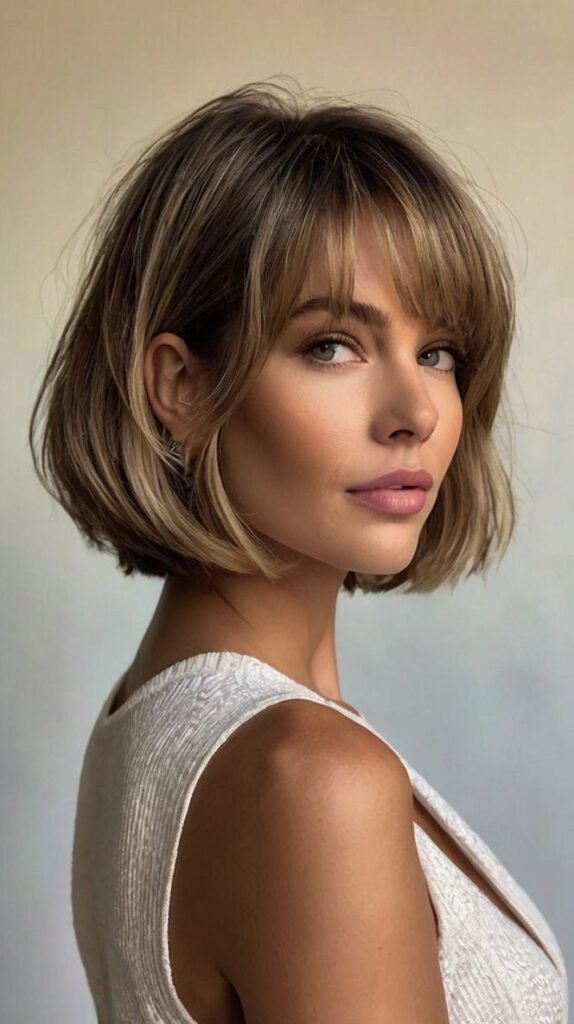 Blonde Balayage Layered Bob with Soft Side Bangs