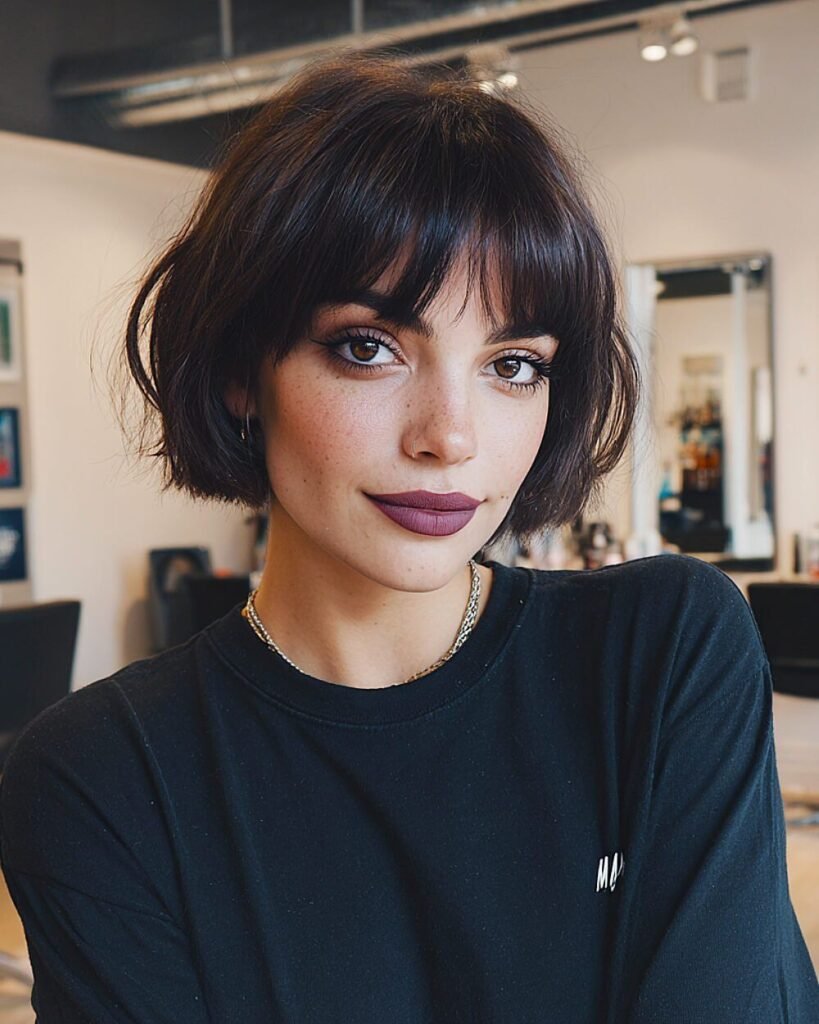 Dark Glossy Short Bob with Full Fringe