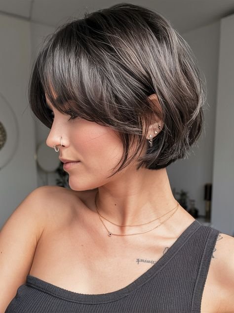 Smoky Ash Layered Bob with Soft Fringe