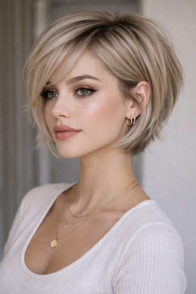 Soft Platinum Layered Bob with Side-Swept Bangs