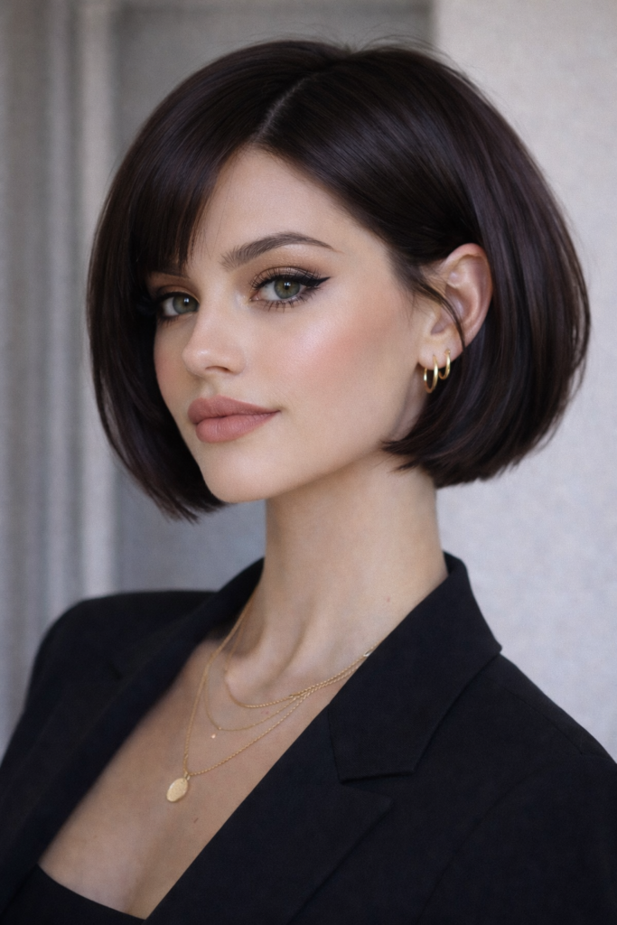 Dark Glossy Italian Bob with Sculpted Shape