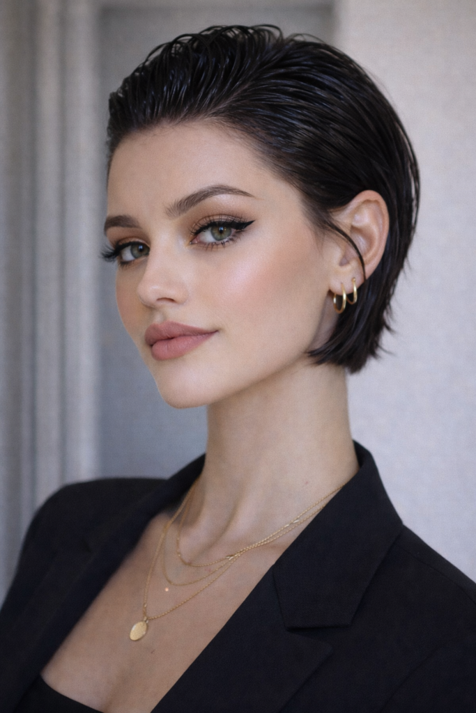 Wet-Look Sleek Short Cut with High Shine Finish