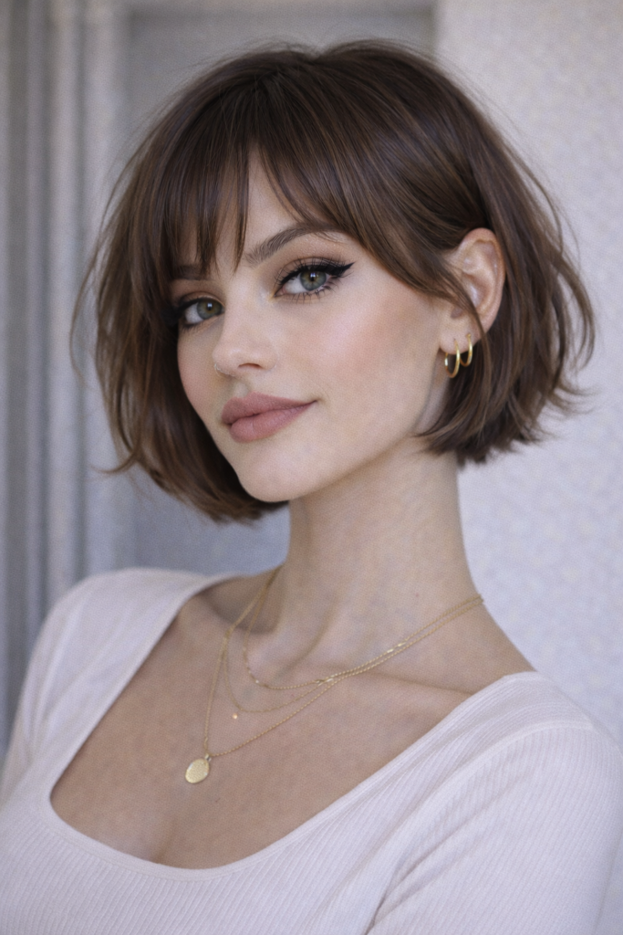 Short Haircut with Curtain Bangs and Soft Layers